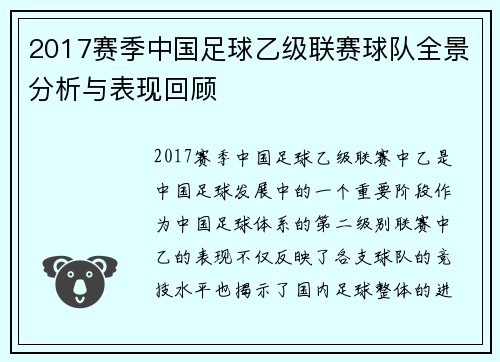 2017赛季中国足球乙级联赛球队全景分析与表现回顾